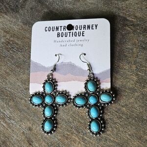 NWT Turquoise Cabochon Cross Earrings with Silver Detailing